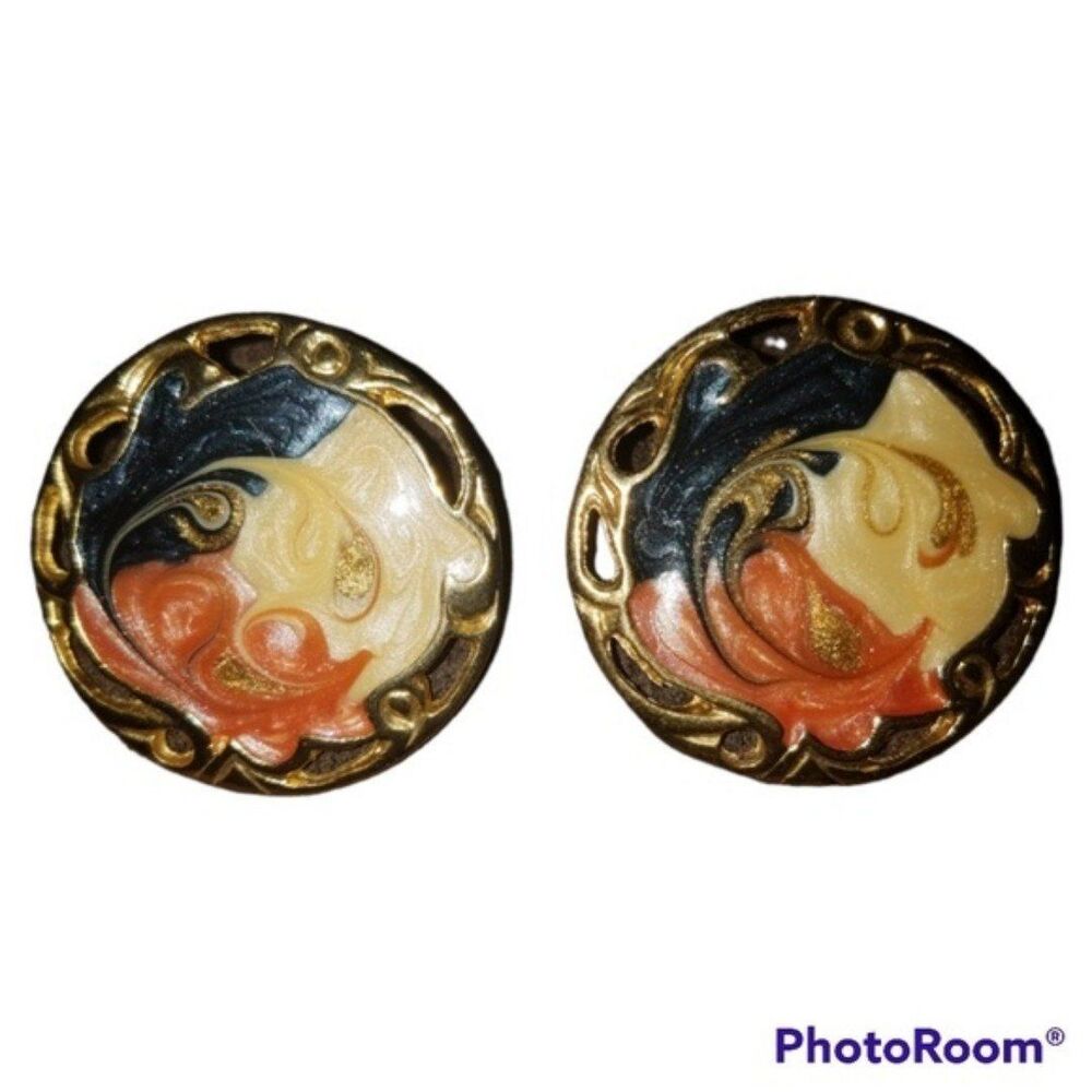 Vintage Navy, Pink & Cream with Gold Metallic Swirls Gold Earring